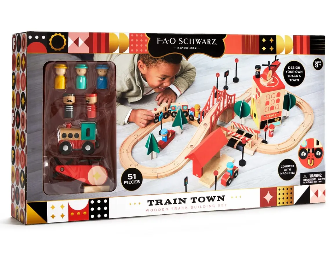 New FAO Schwarz Train Town - 51 Piece Wooden Building Set